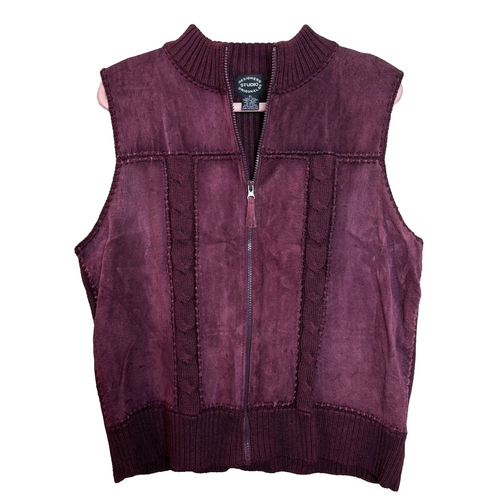 Designers Studio Originals Leather Knit‎ Vest Burgundy Full Zip Size XL Cabin